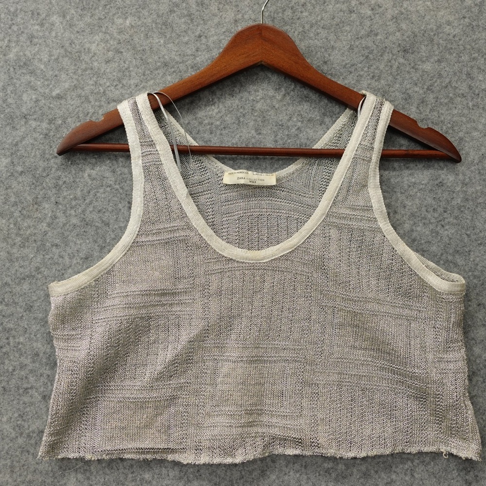 Metallic Mesh Knit Crop Top Womens S Silver Cut Off Tank ZARA WB Collection Boho